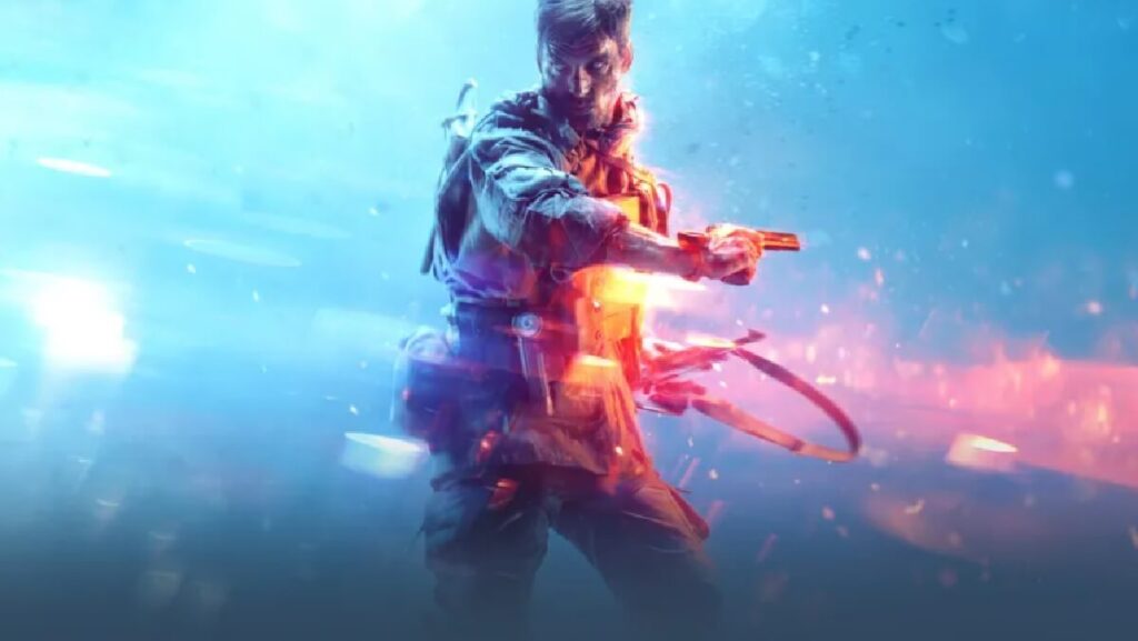 Banner de um personagem masculino armado no jogo Battlefield 5.